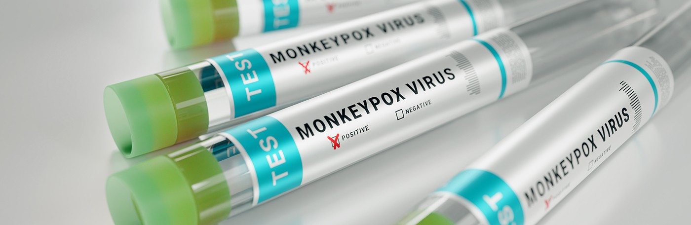 A close up of vials labeled monkeypox virus