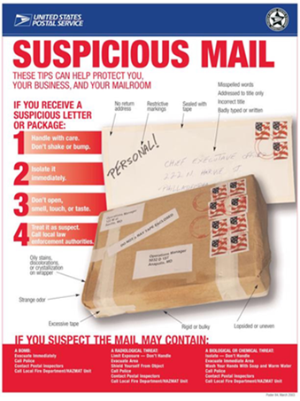 flyer with information and tips for suspicious packages