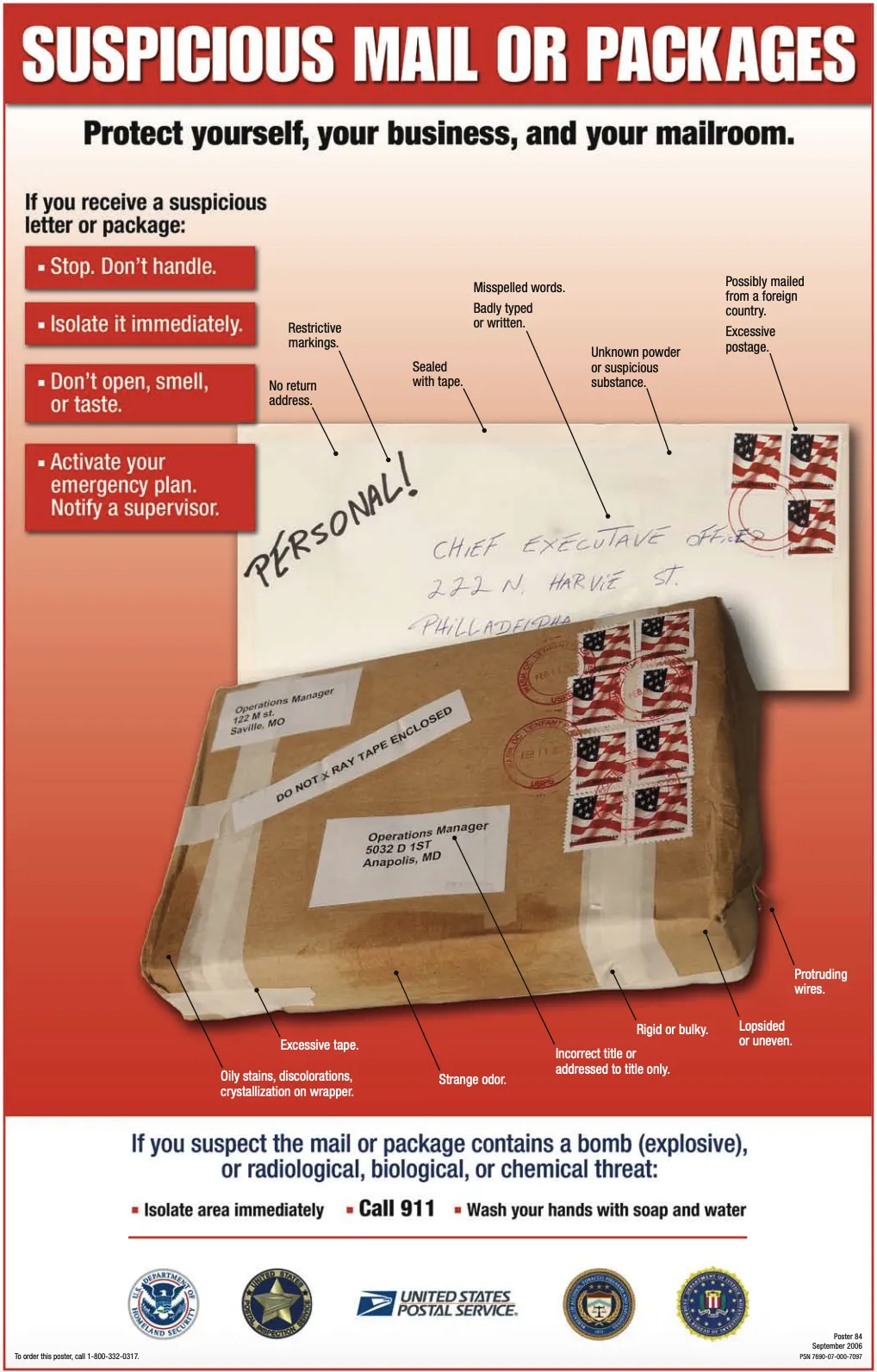 Safety poster titled ‘Suspicious Mail or Packages.’ It shows a damaged brown package and an envelope covered with U.S. flag stamps and handwritten markings. Callouts highlight warning signs such as excessive postage, misspelled words, no return address, strange odors, excessive tape, and rigid or lopsided packaging. Text instructions advise: stop, do not handle; isolate immediately; do not open, smell, or taste; activate an emergency plan; and notify a supervisor. 