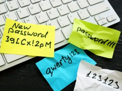 Crumpled and colorful sticky notes displaying weak passwords placed on a computer keyboard.