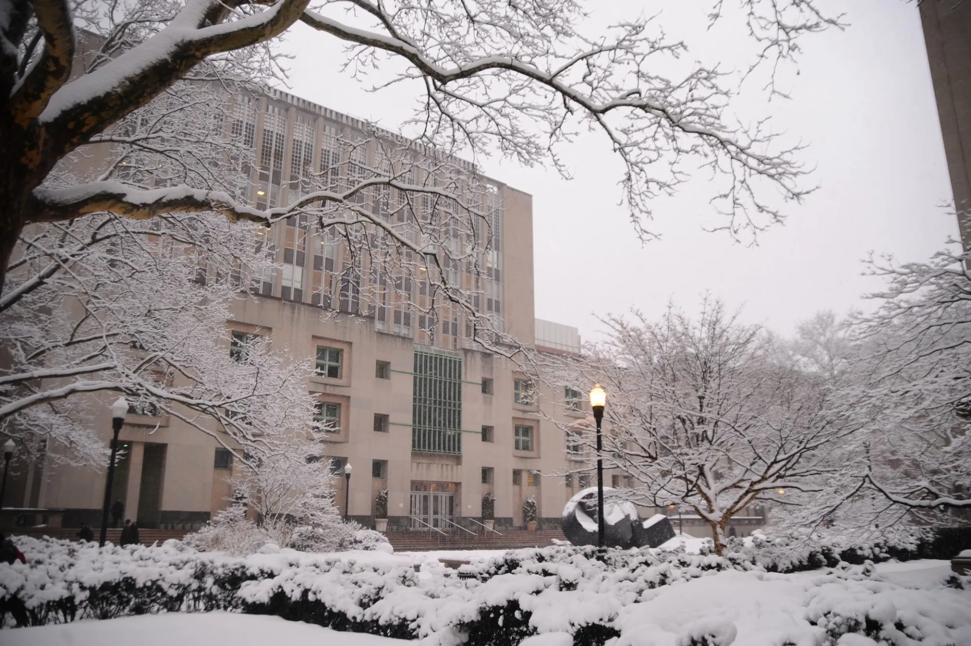 Uris during the winter with snow covering Uris Lawn.